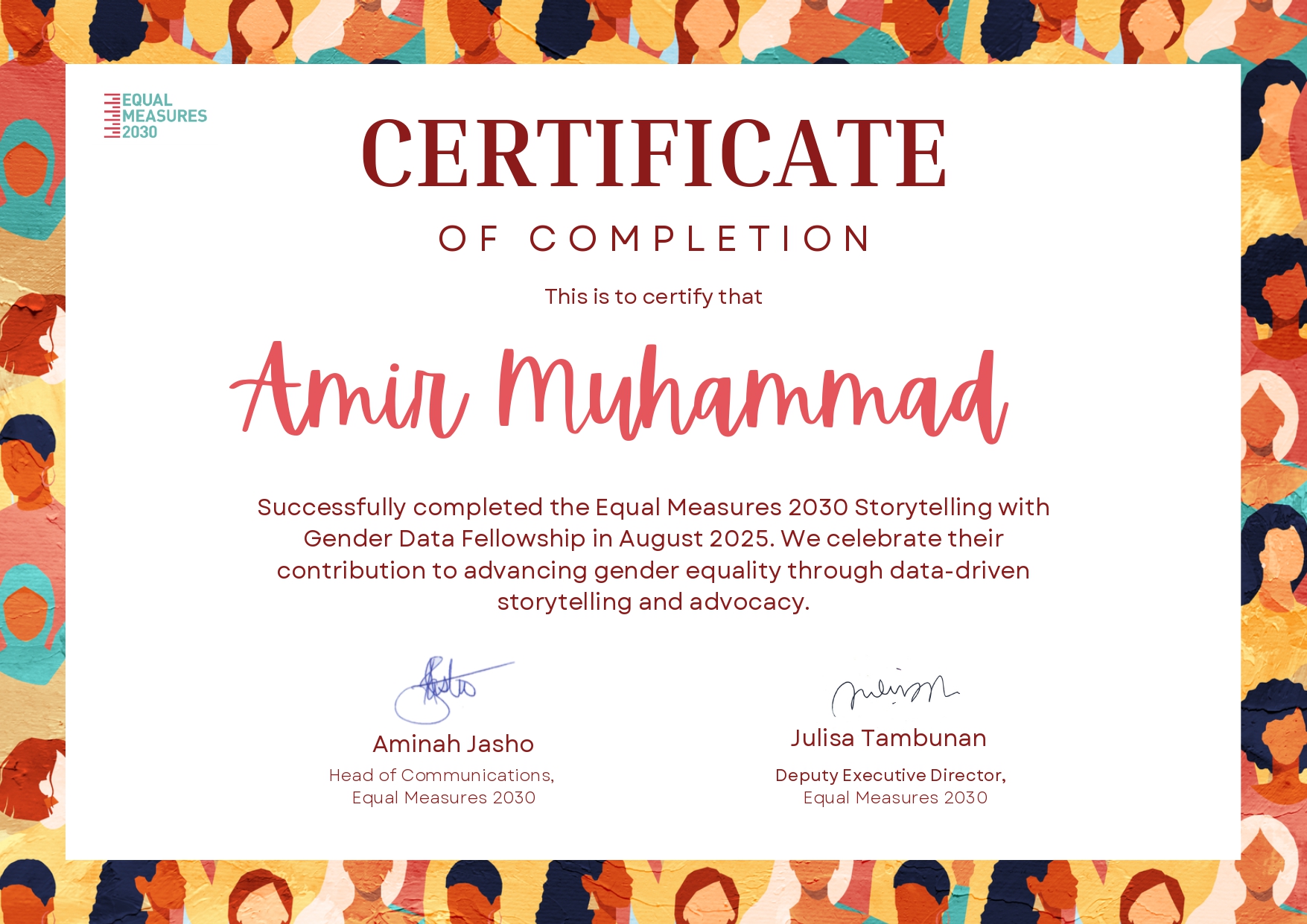 Storytelling with Gender Data Fellowship certificate