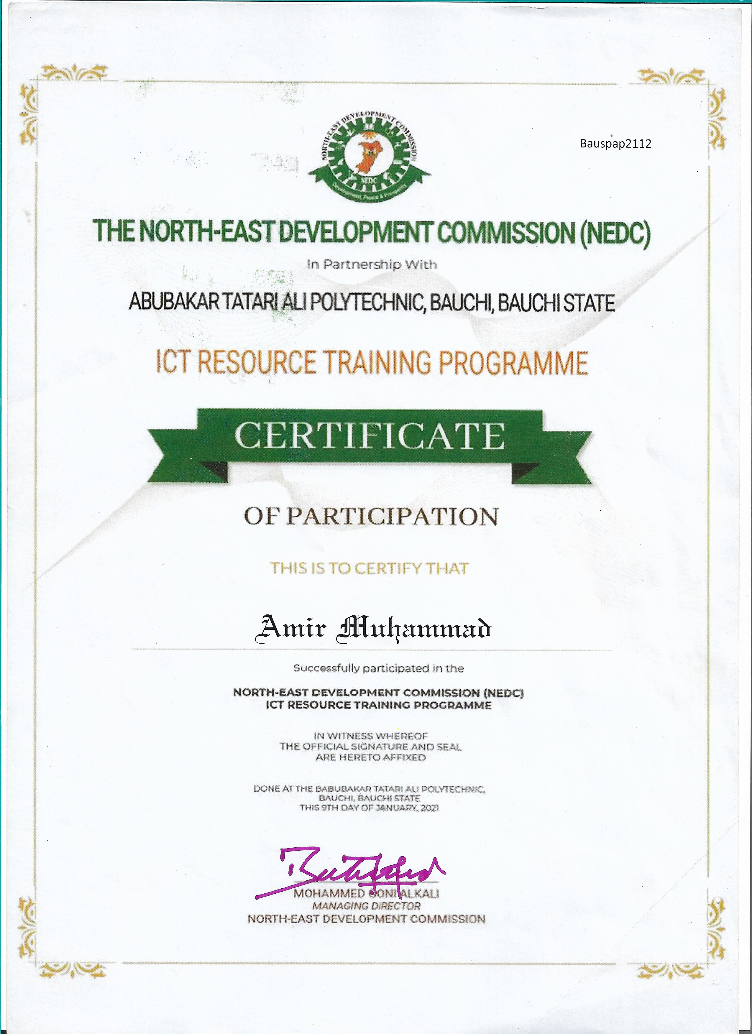NEDC ICT Resource Training Programme certificate