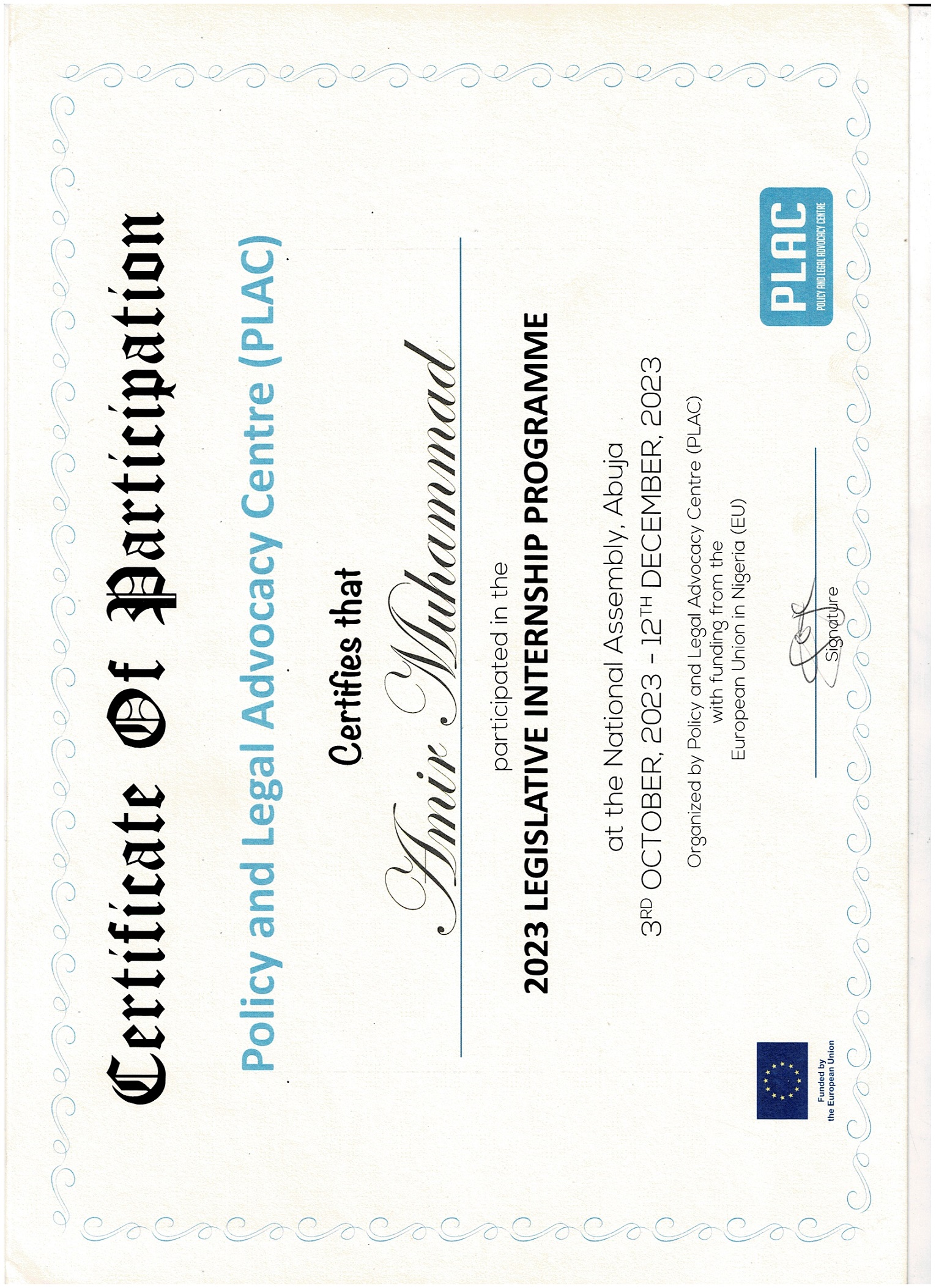 Legislative Internship Fellowship certificate
