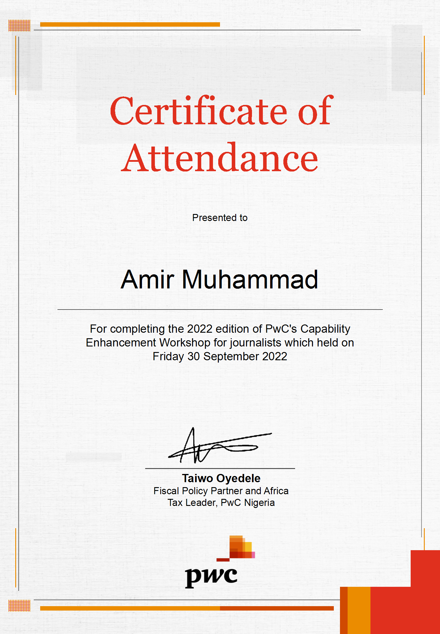 Capability Enhancement Workshop for Journalists certificate